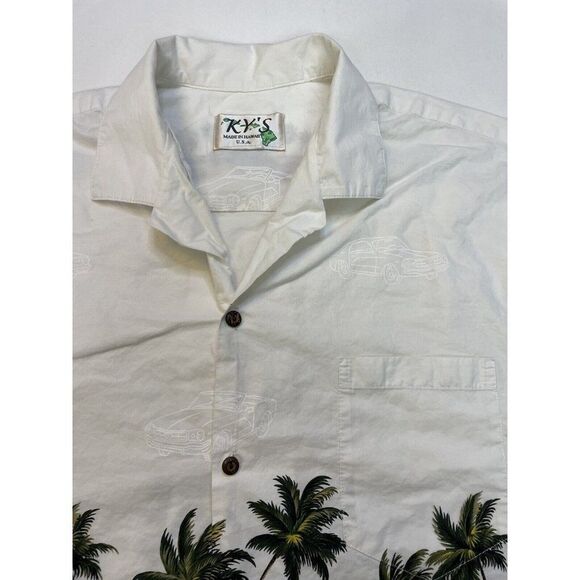 VINTAGE Ky's Car Palm Tree Print Hawaiian Shirt Men XL Short Sleeve - Picture 2 of 5